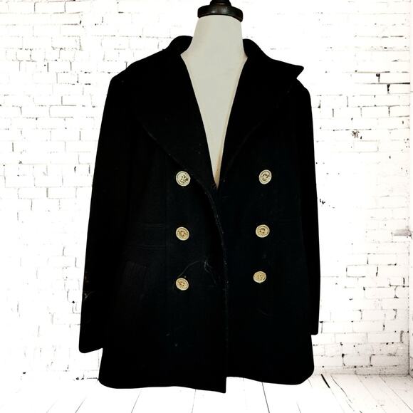 Michael Kors Black Pea Coat Sz XL Double Breasted Wool Blend Gold Buttons Preppy - Picture 2 of 9